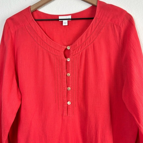 J. JILL WOMEN SIZE LARGE PINK ORANGE BUTTON 100% COTTON BLOUSE - Picture 6 of 6